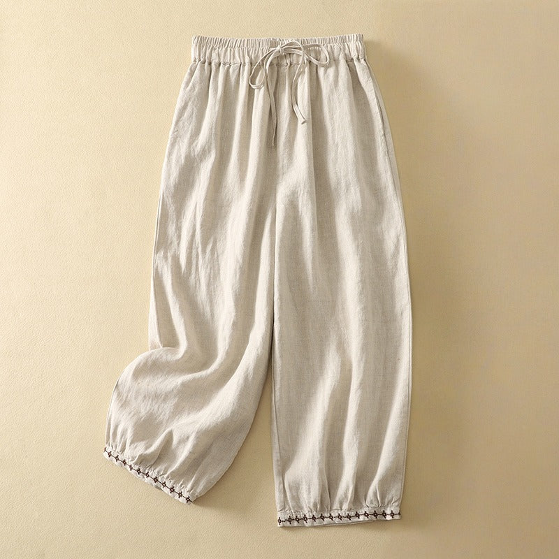 Women's Cotton Linen Embroidered Drawstringed Loose Pants