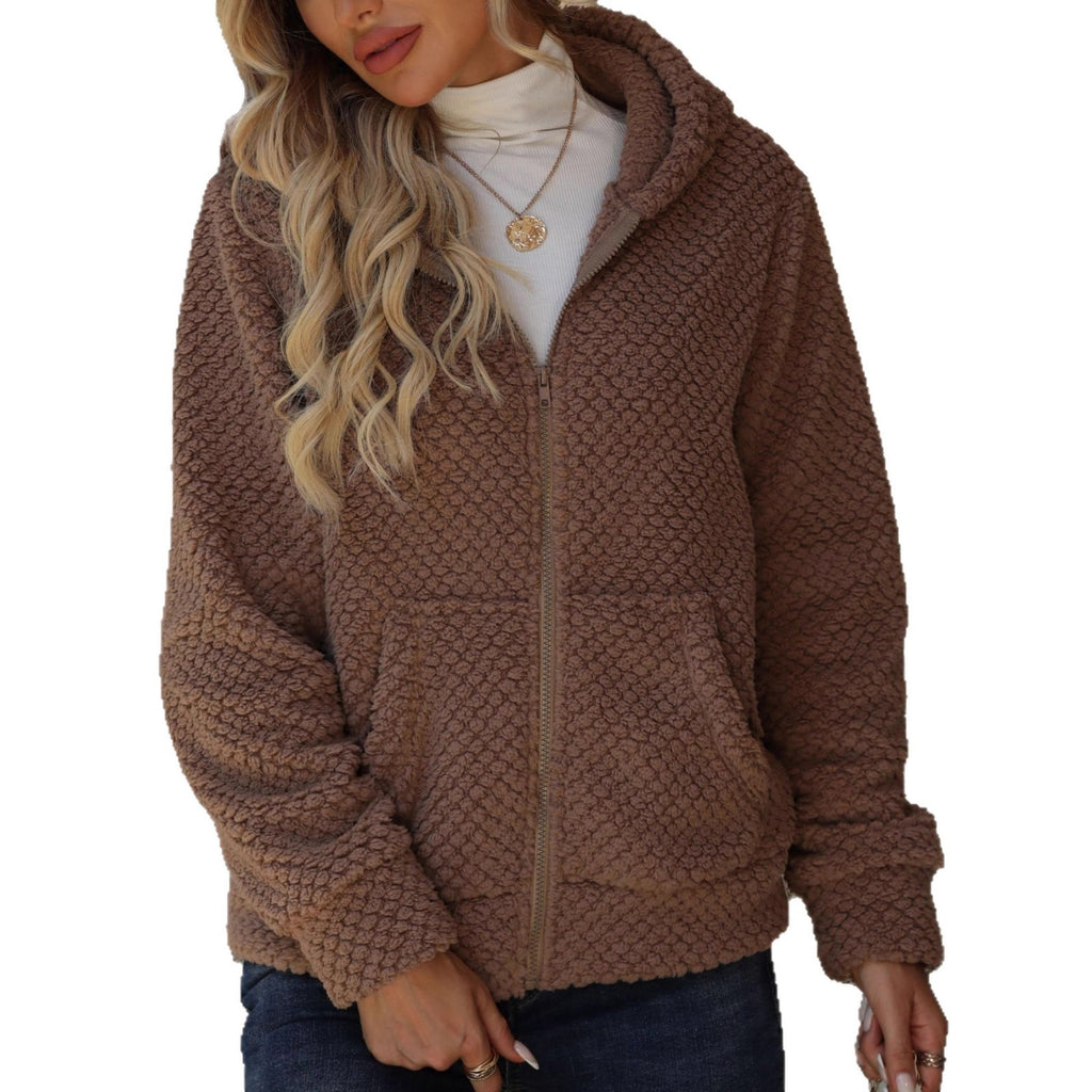 Women's Loose Pocket Hooded Zipped Sweater