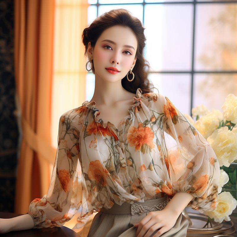 Women's Puff Sleeve Printed Chiffon Top