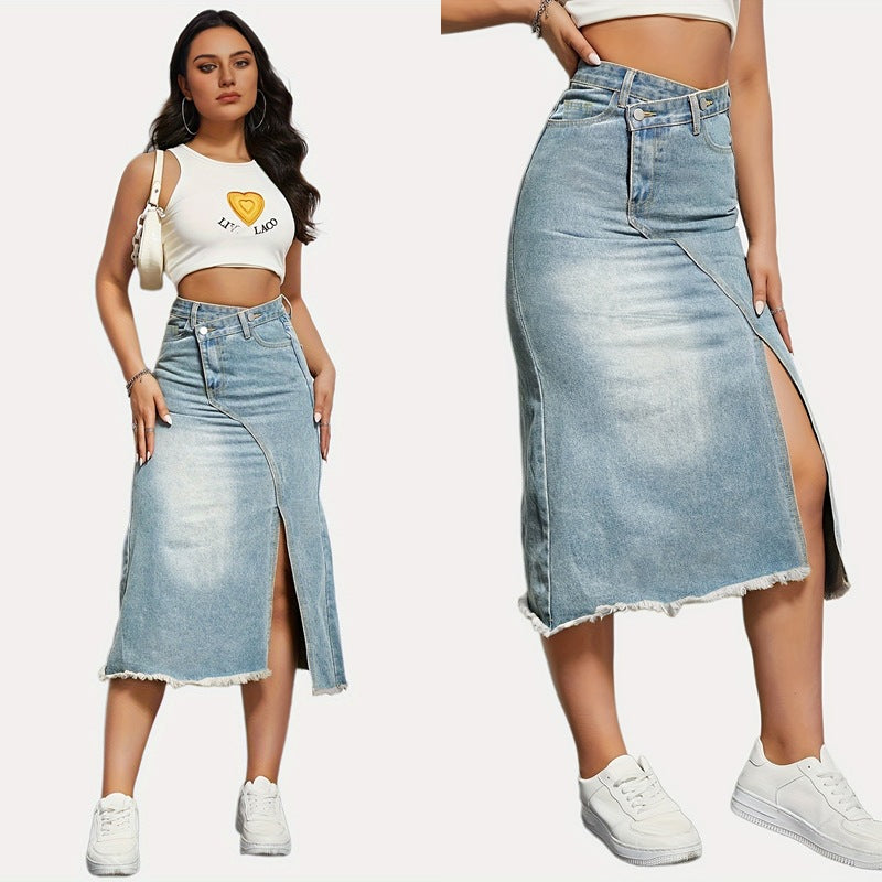 Women's Retro Denim Split Stitching Skirt