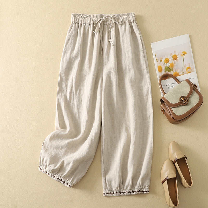 Women's Cotton Linen Embroidered Drawstringed Loose Pants