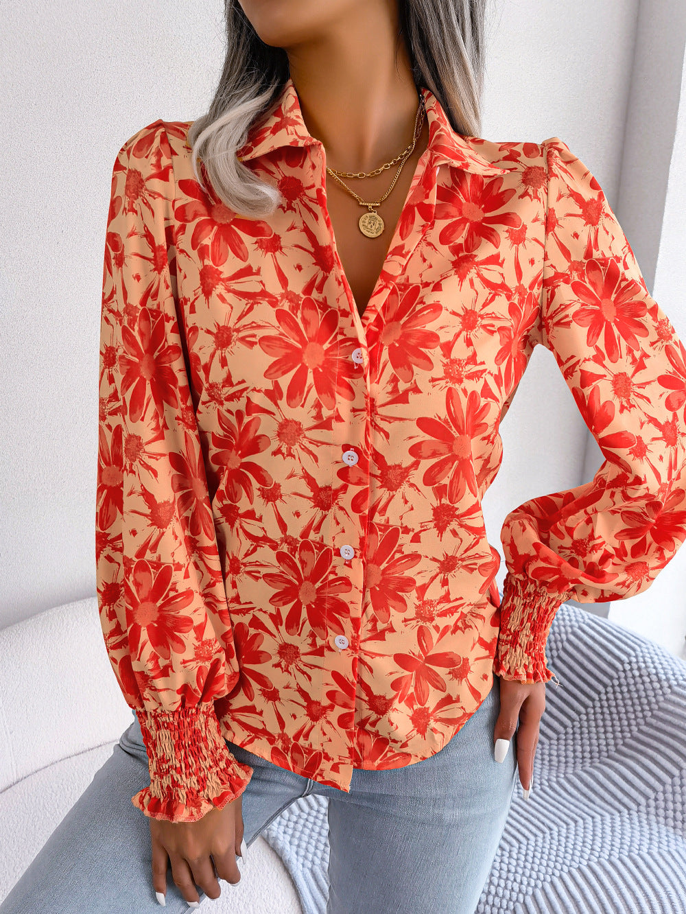 Women's Lantern Sleeve Flower Lapel Shirt