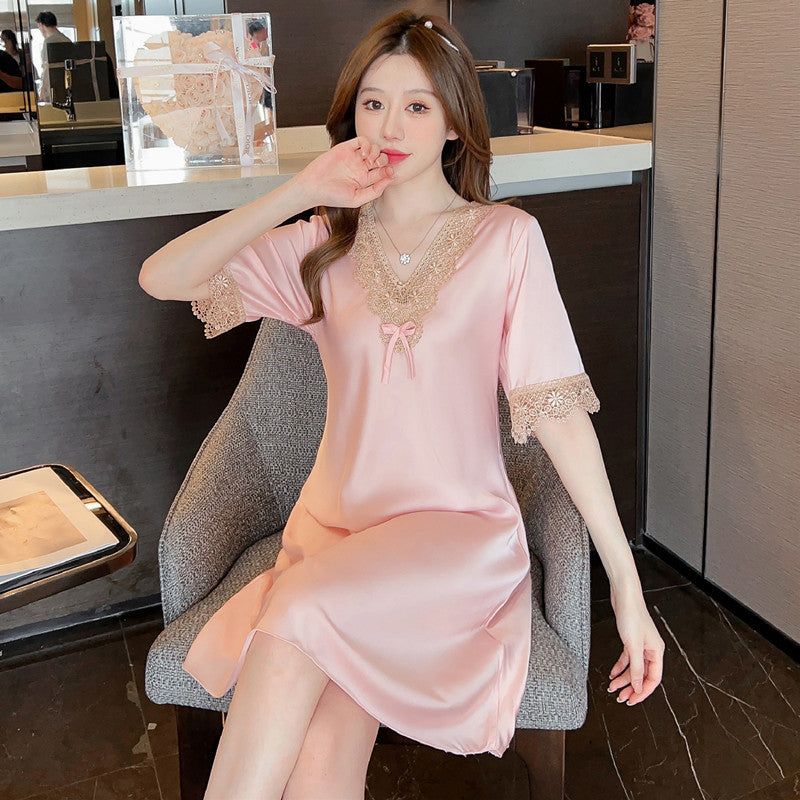 Women's Thin Lace Ice- Silk Embroidered Short Sleeve Nightdress