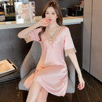 Women's Thin Lace Ice- Silk Embroidered Short Sleeve Nightdress