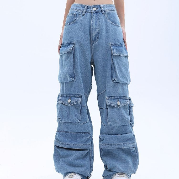 Women's American High Street Multi-pocket Washed Baggy Jeans