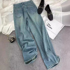 Women's Starry Diamond Rhinestone Straight Washed Blue Jeans