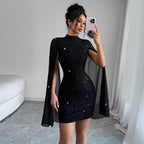 Women's Elegant Round Neck Cape Sleeve Wrapped Dress