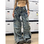 Women's American Street Style Plus Size Multi-Pocket Aged Jeans