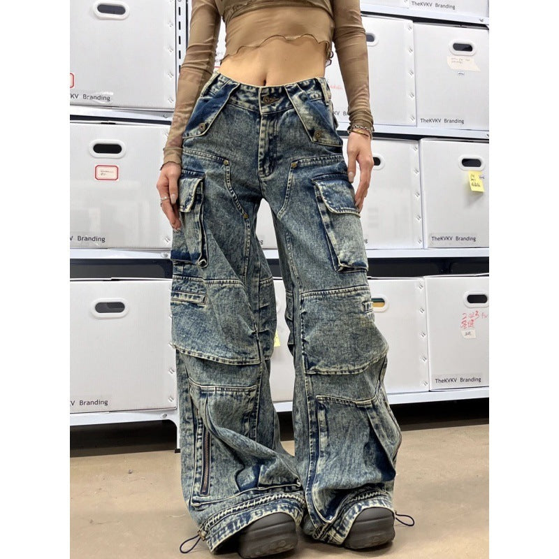 Women's American Street Style Plus Size Multi-Pocket Aged Jeans