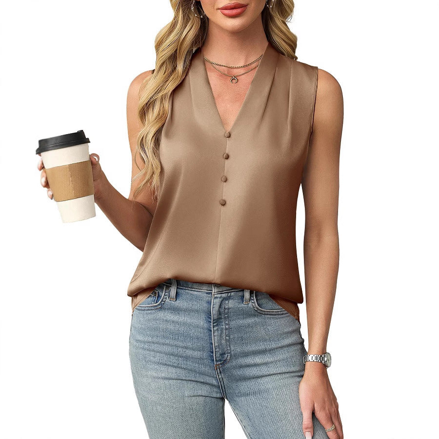 Women's Satin Buttoned V-Neck Sleeveless Top