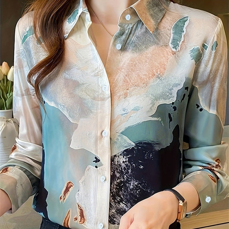 Women's Abstract Retro Long Sleeve Lapel Shirt