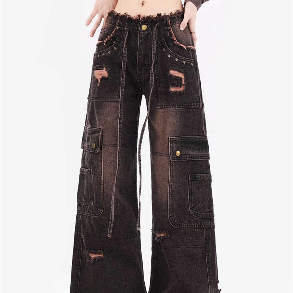 Women's Retro Washed Burr Damage Cargo Jeans