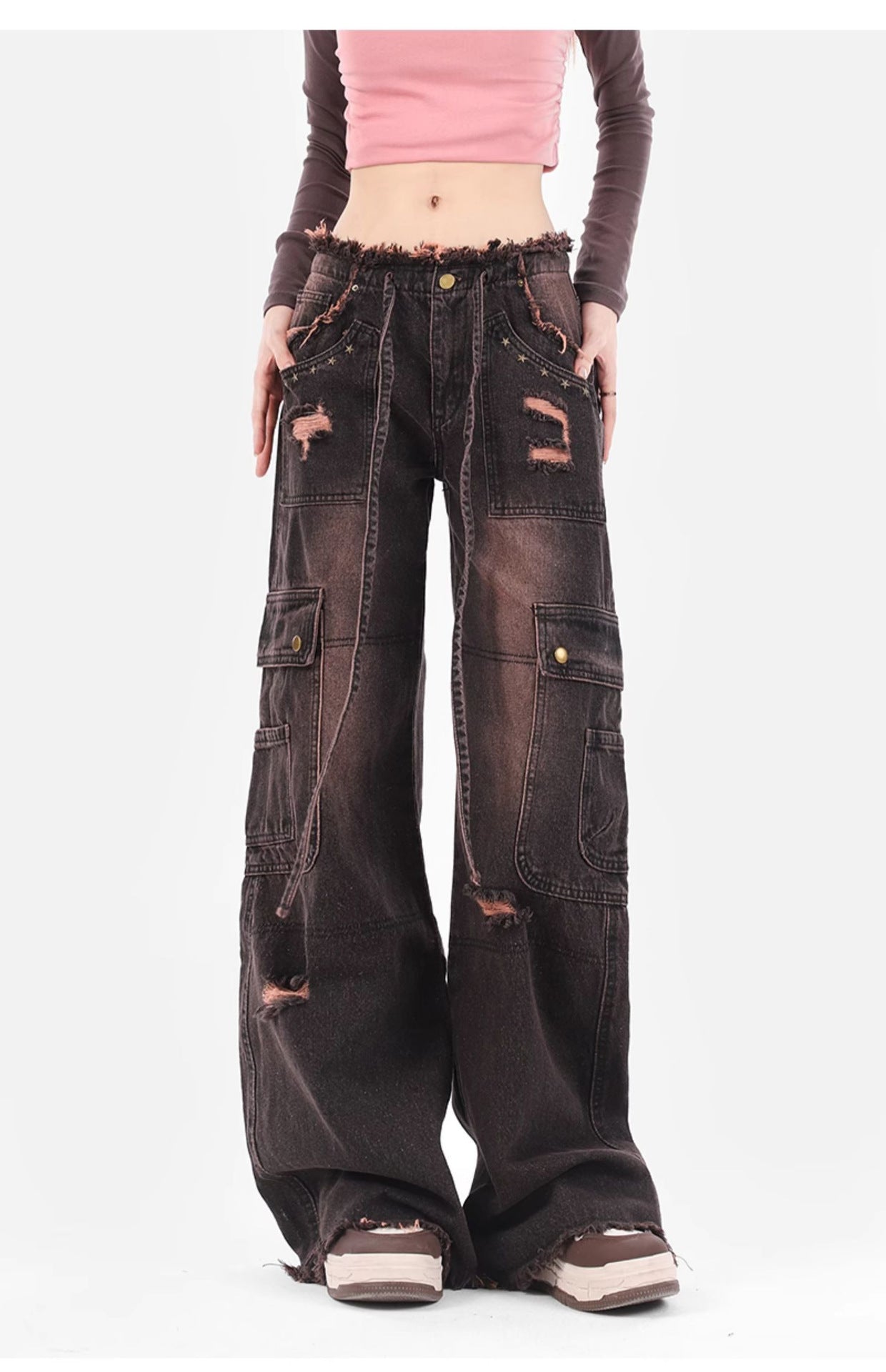 Women's Retro Washed Burr Damage Cargo Jeans