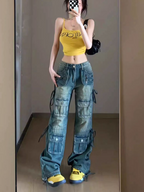 Women's Multi-pocket Washed Drawstring Jeans