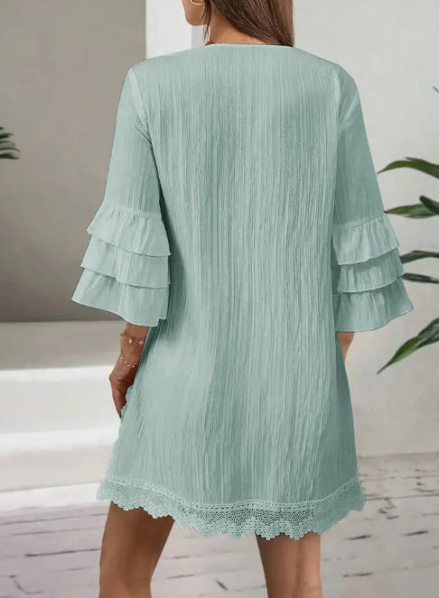 Women's Embroidered V-neck Tassel Lotus Leaf Sleeve Dress