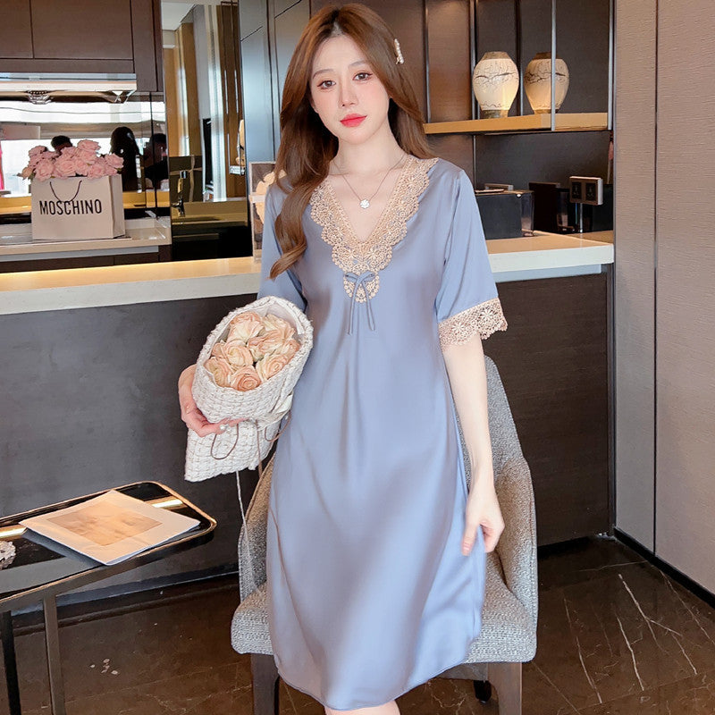 Women's Thin Lace Ice- Silk Embroidered Short Sleeve Nightdress