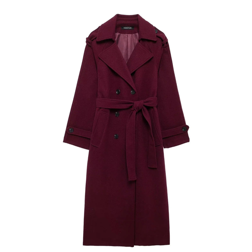 Women's Wine-Red Double-Breasted Trench Coat
