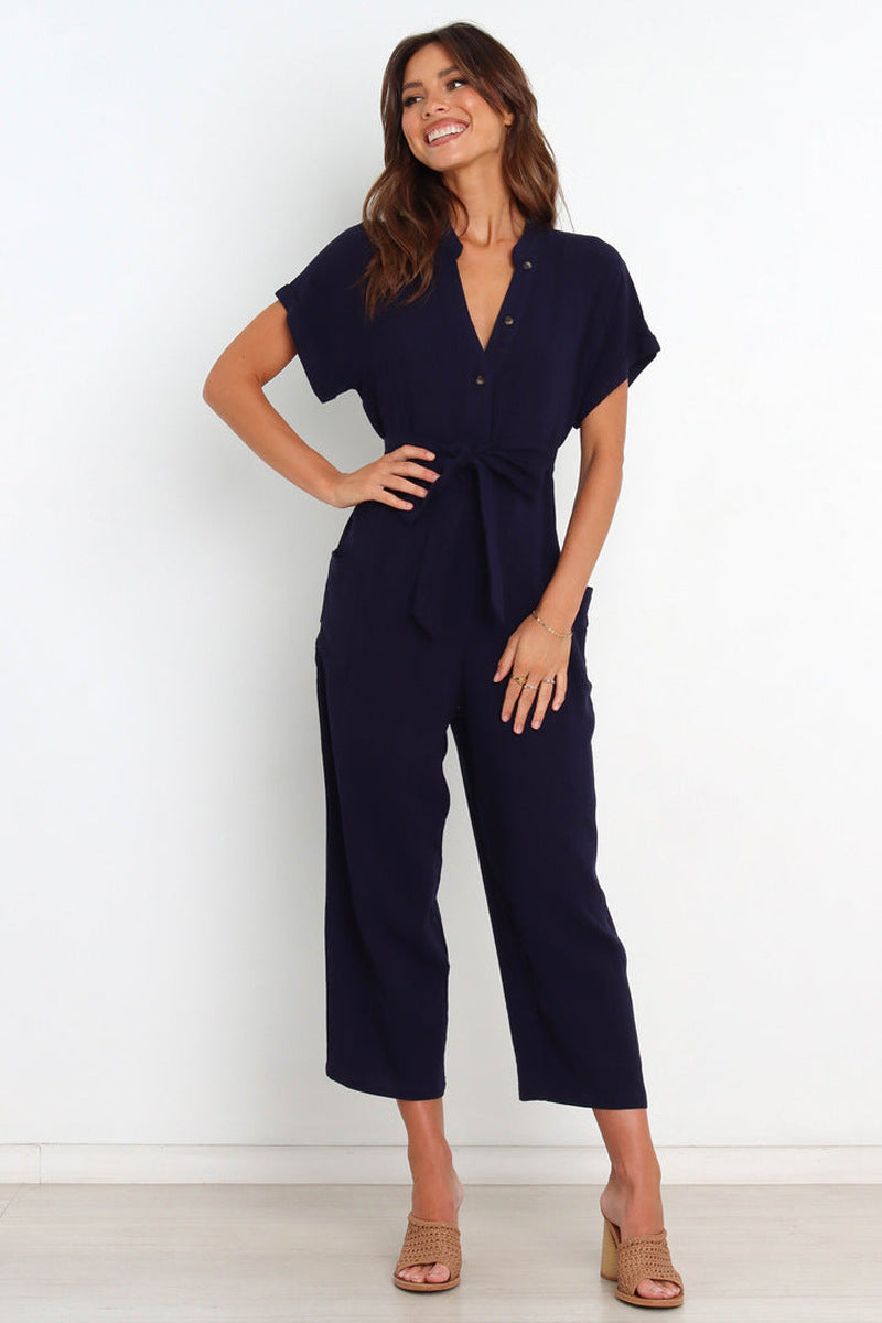 Women's V-neck Cropped Wide-Leg Jumpsuit