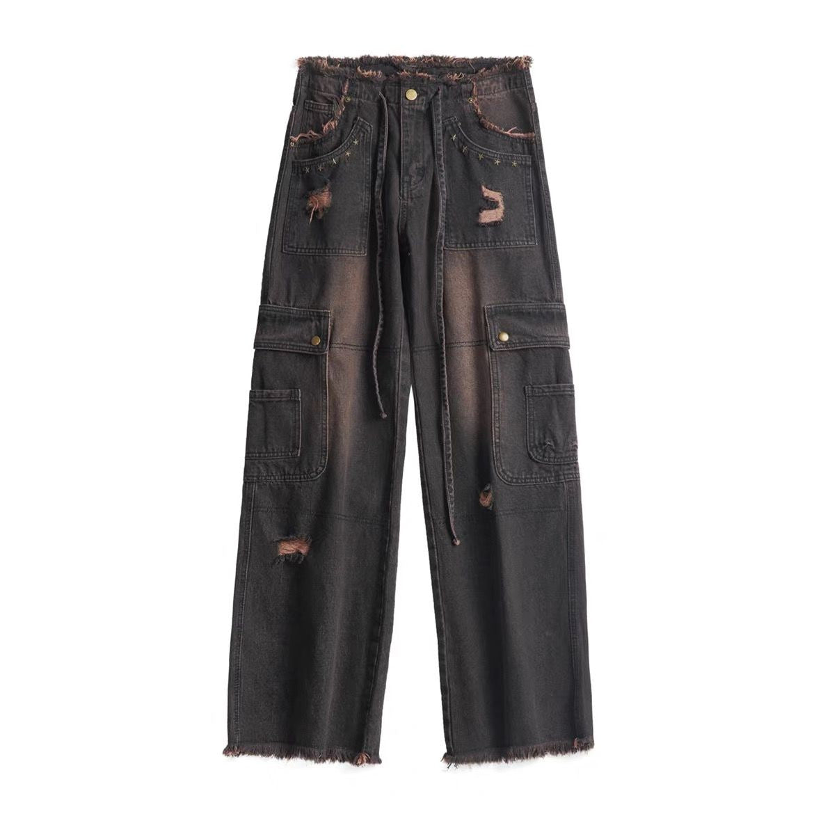 Women's Retro Washed Burr Damage Cargo Jeans