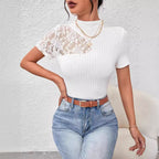 Women's Slim Fitting Lace Patchwork Short-sleeved Top