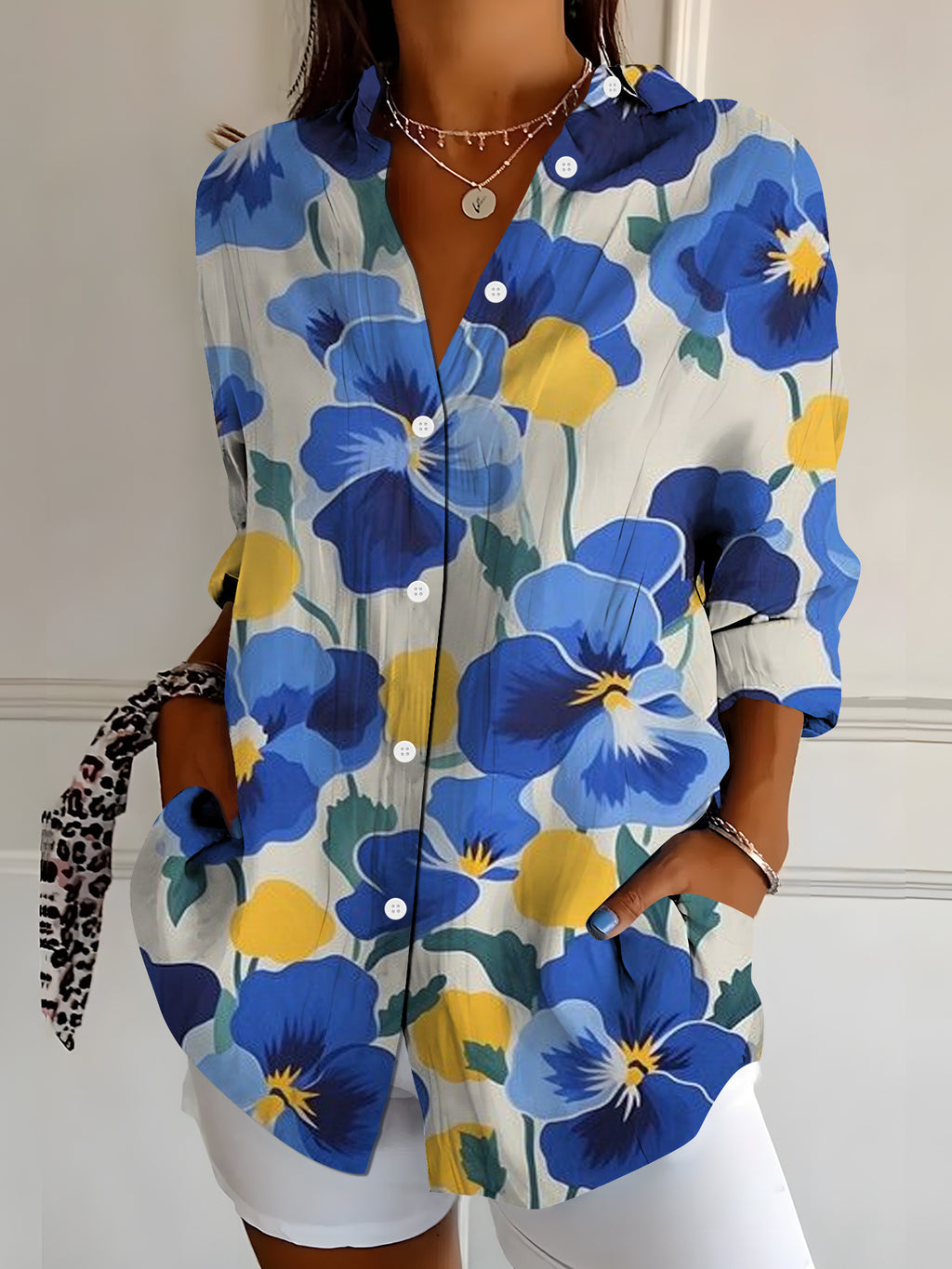 Women's Vibrant Colorful Floral-Patterned Long-Sleeve Shirt