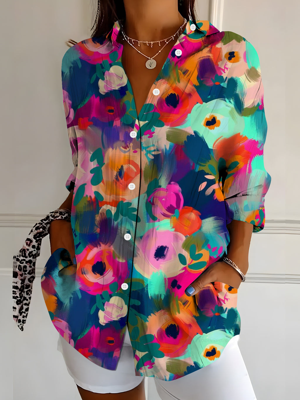 Women's Vibrant Colorful Floral-Patterned Long-Sleeve Shirt