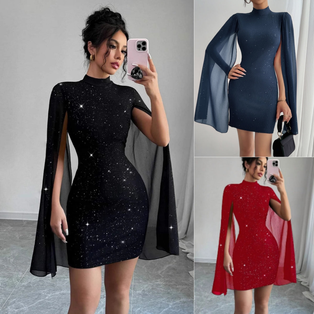 Women's Elegant Round Neck Cape Sleeve Wrapped Dress