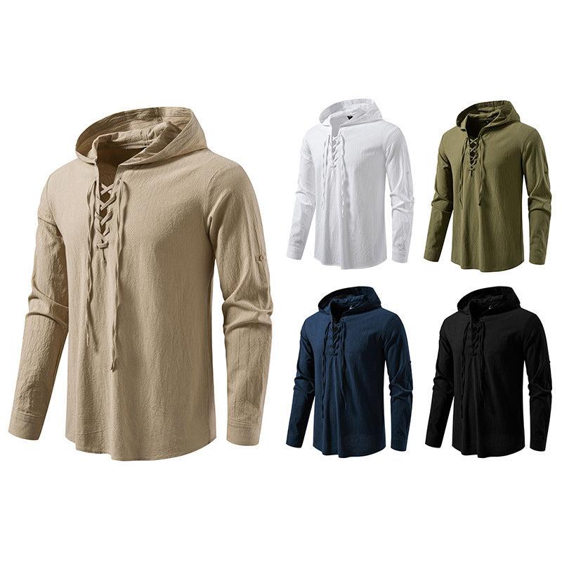 Men's Drawstring Cotton Long Sleeve Top