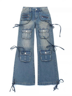 Women's Multi-pocket Washed Drawstring Jeans