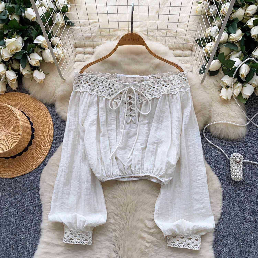 Women's Open-Shoulder Cropped Lantern-Sleeved Top