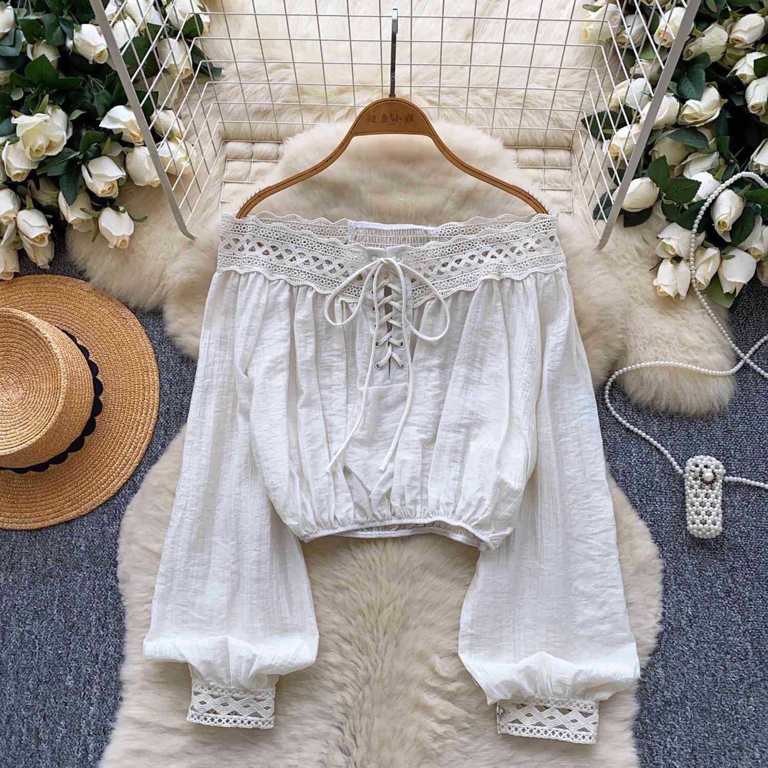 Women's Open-Shoulder Cropped Lantern-Sleeved Top