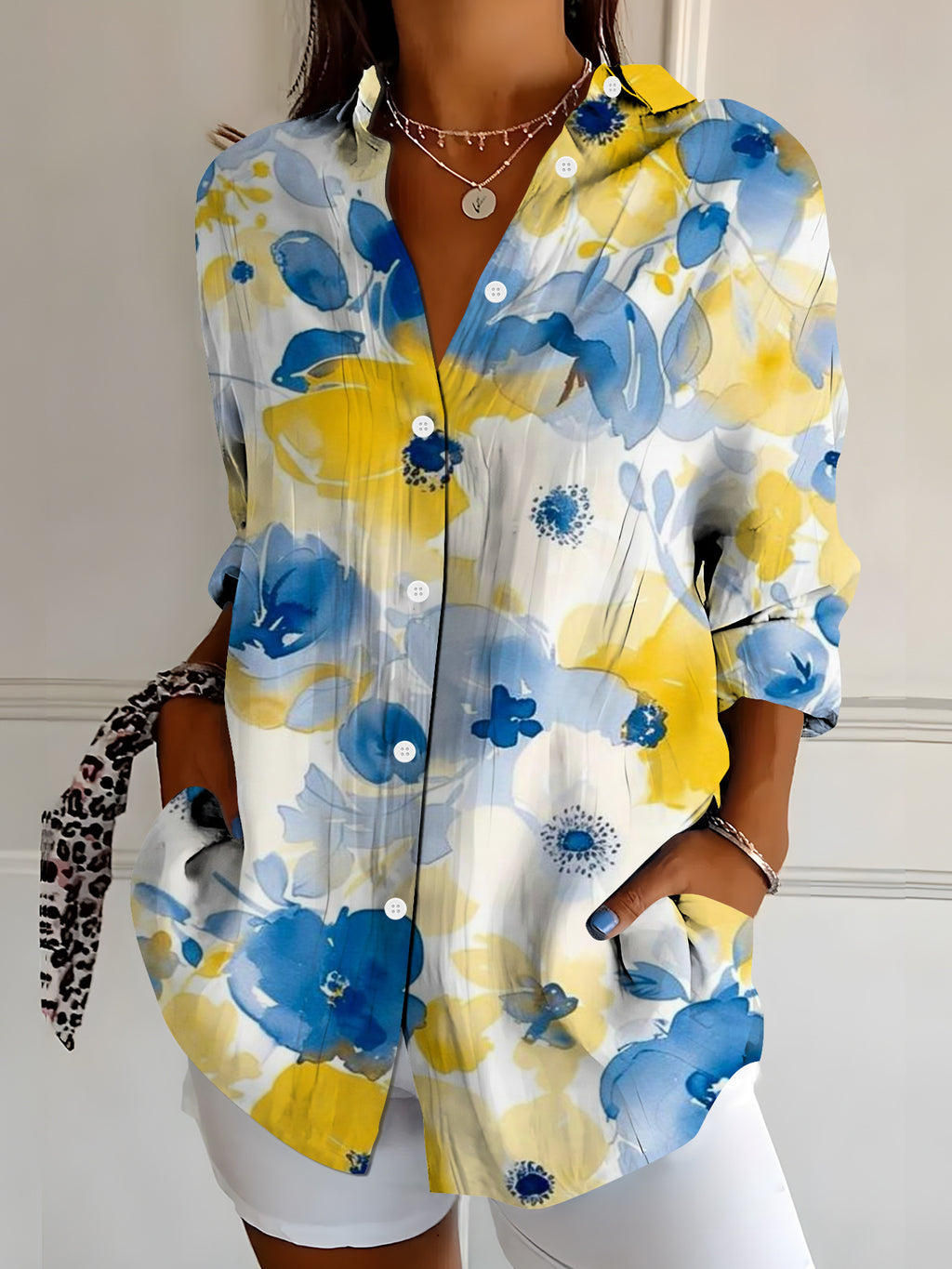Women's Vibrant Colorful Floral-Patterned Long-Sleeve Shirt