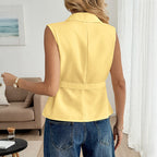 Women's Yellow Sleeveless Belted Cardigan Top