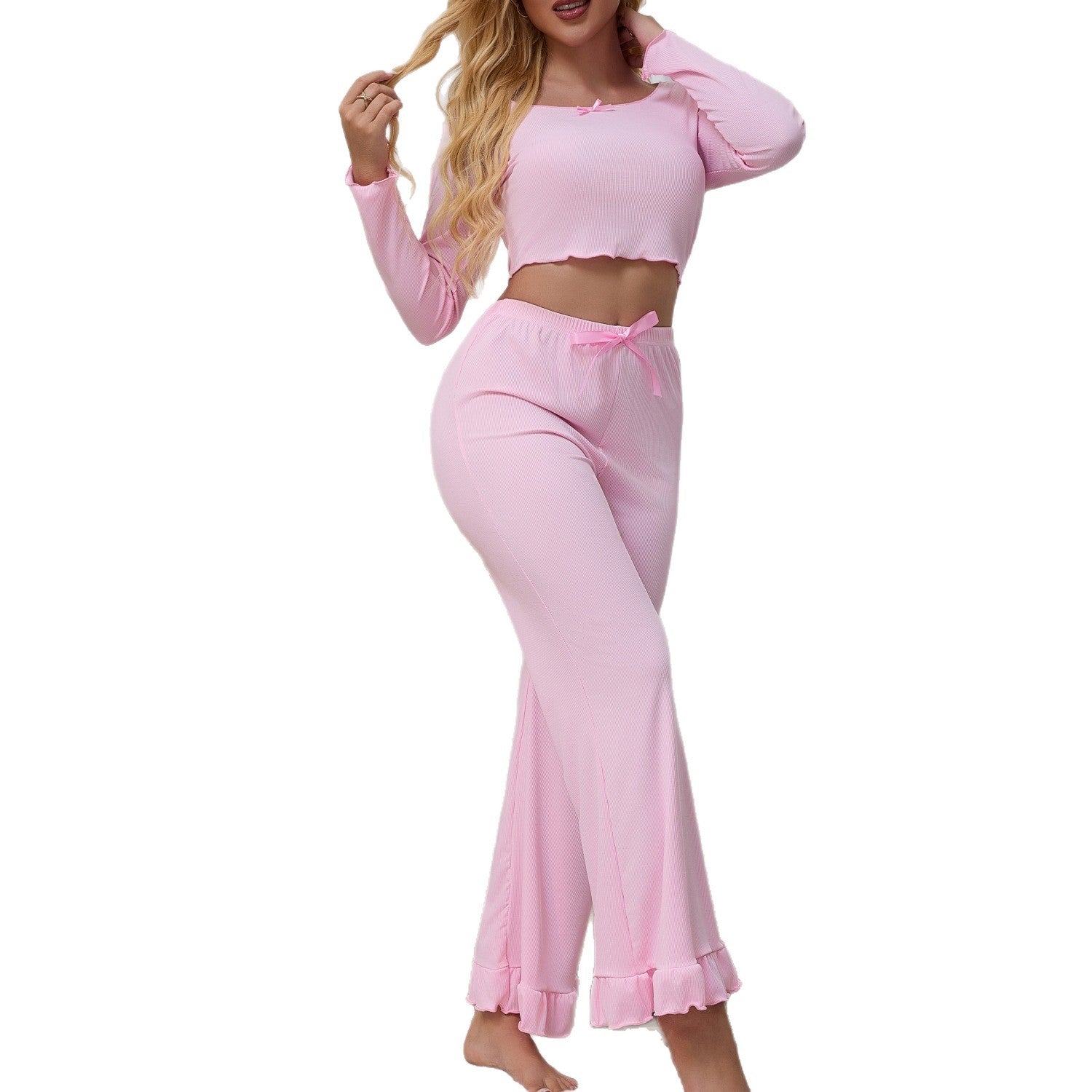 Women's Ribbon Ruffled Long Sleeved Crop-Top And Pants Set