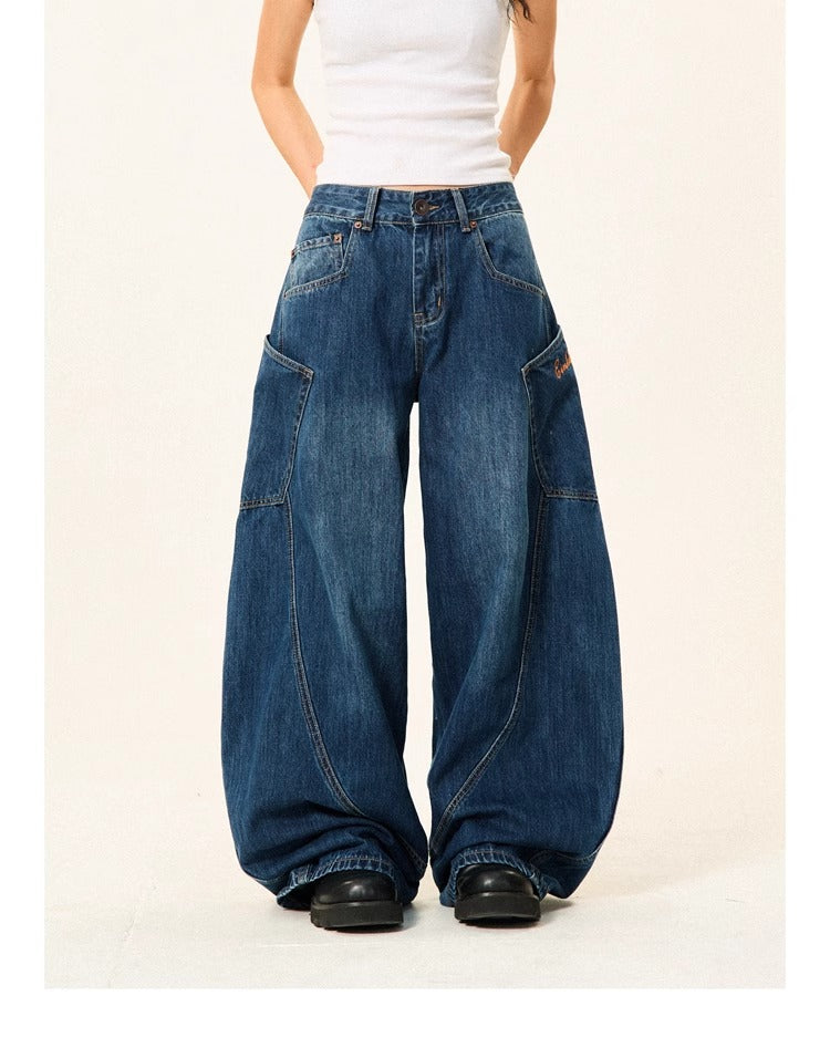 Women's Loose Wide-leg Baggy Jeans With Large Pockets Machete