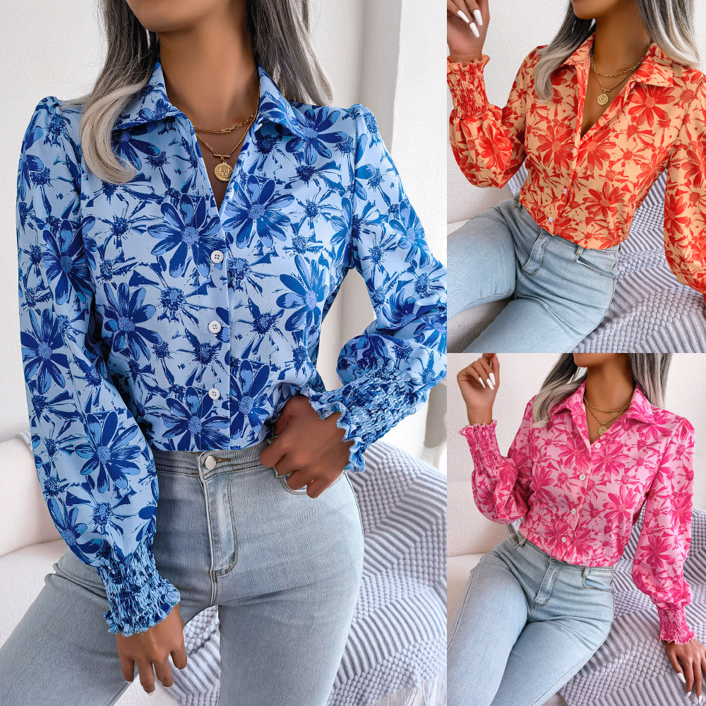 Women's Lantern Sleeve Flower Lapel Shirt