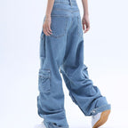 Women's American High Street Multi-pocket Washed Baggy Jeans