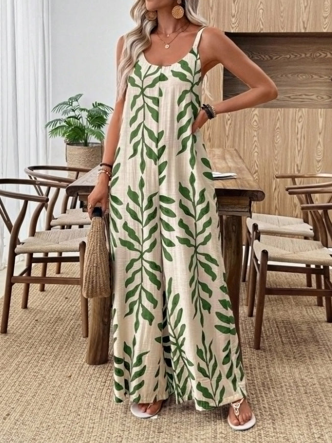 Women's V-Neck One-Piece With Tropical Leaf Print And Pockets