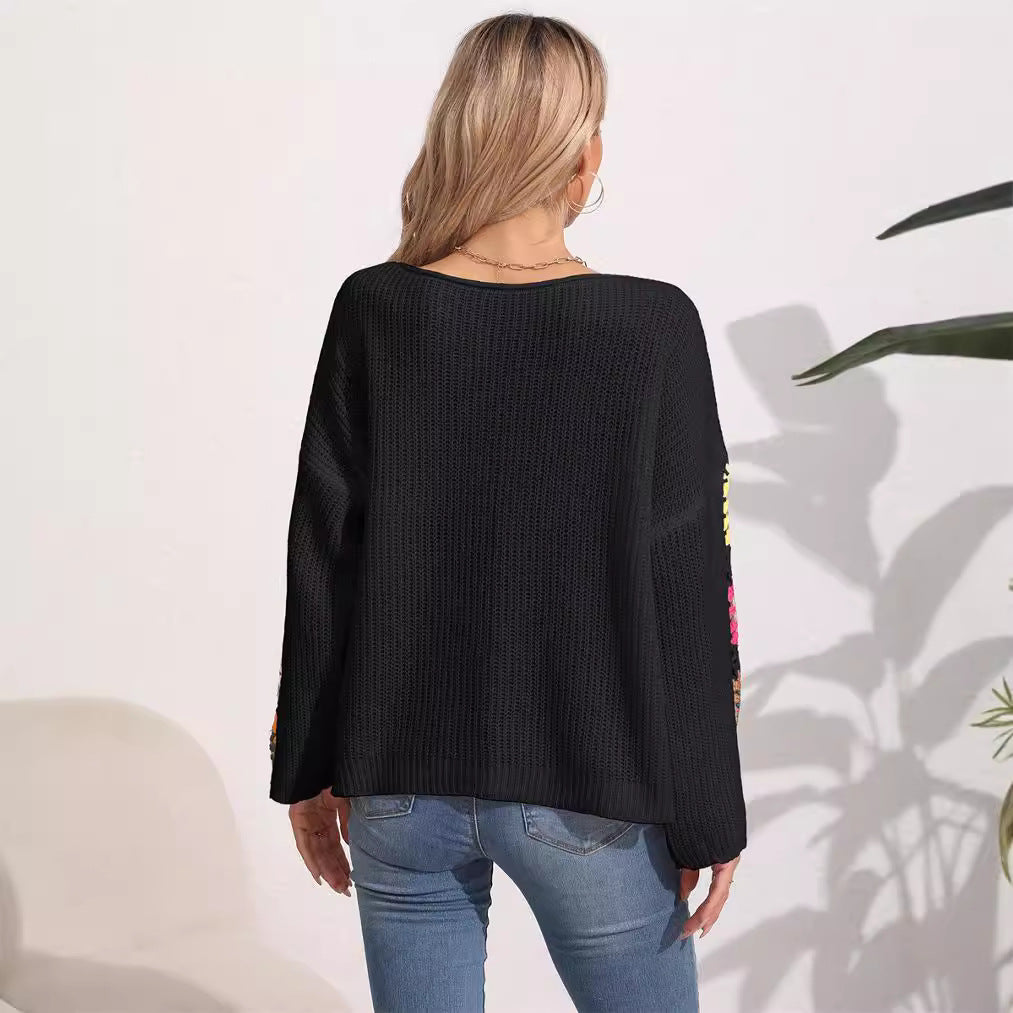 Women's Round Neck Collar Crocheted Pullover Sweater