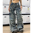 Women's American Street Style Plus Size Multi-Pocket Aged Jeans