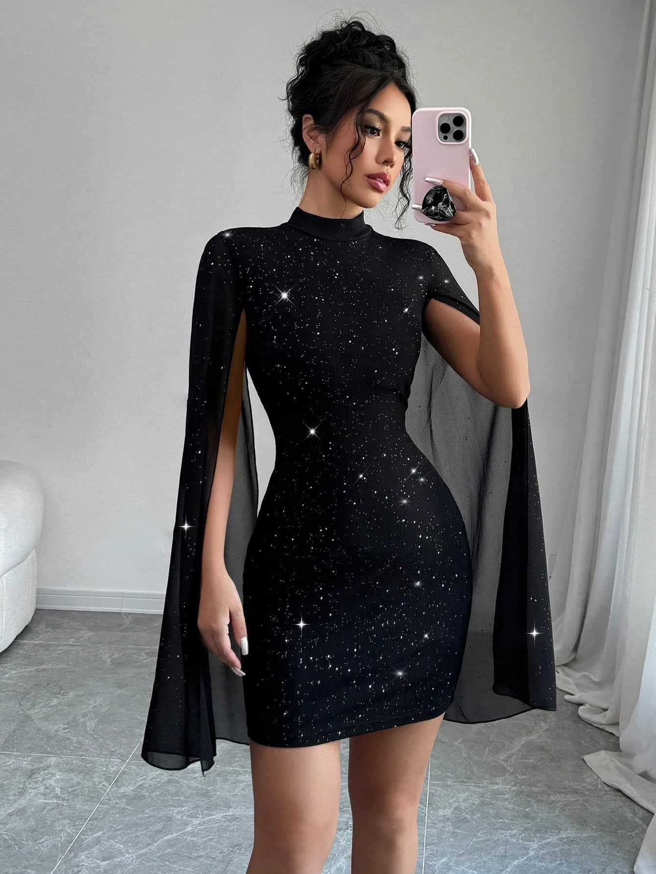 Women's Elegant Round Neck Cape Sleeve Wrapped Dress