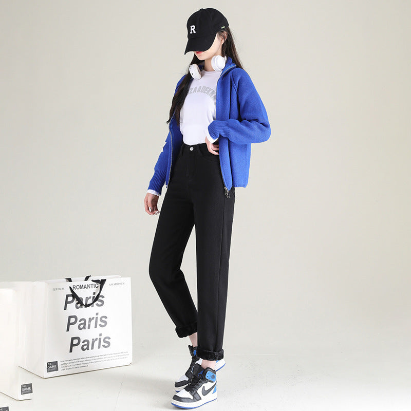 Women's Straight High Waist Thickened Fleece Padded Jeans