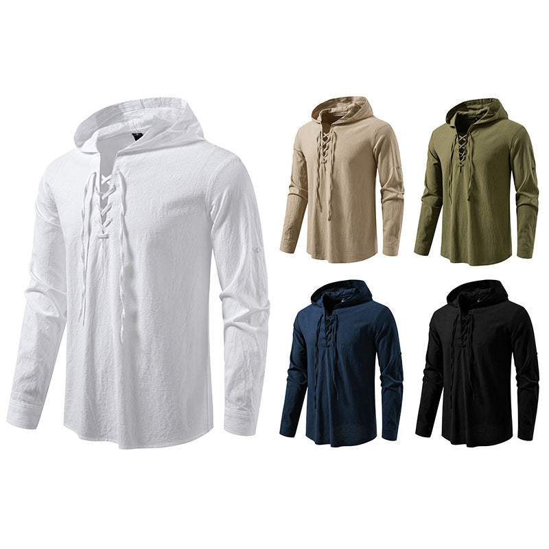 Men's Drawstring Cotton Long Sleeve Top