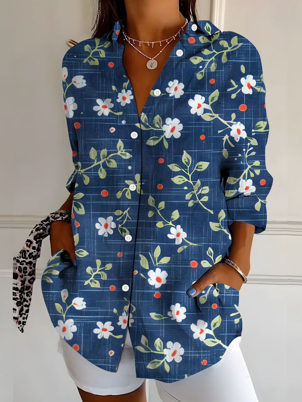 Women's Elegant Floral Print Long-Sleeve Shirt