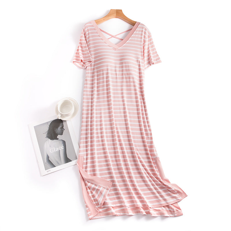Women's Striped Short-Sleeved Nightdress With Chest Pad