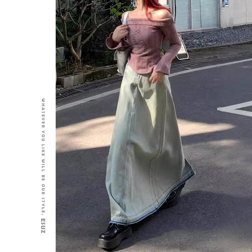 Women's Washed Distressed Denim Skirt