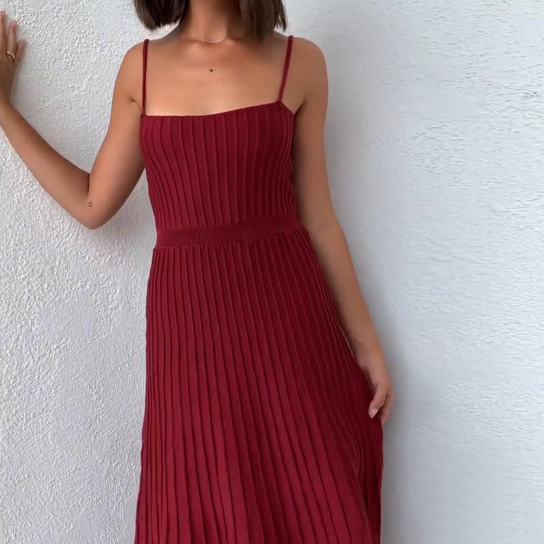 Women's Solid Color High Waist Pleated Dress