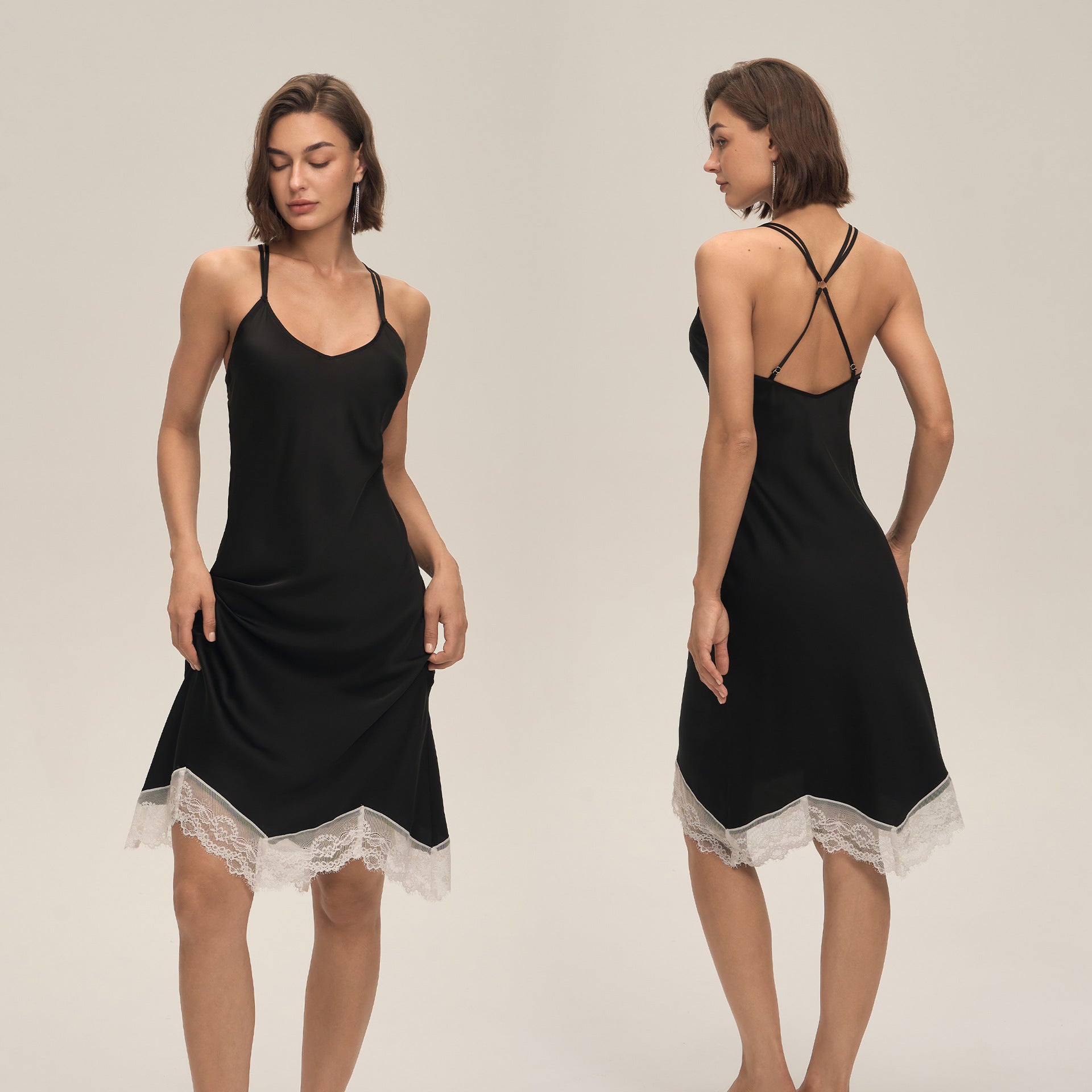 Women's Solid-Color Satin Lace Backless Camisole Pajamas