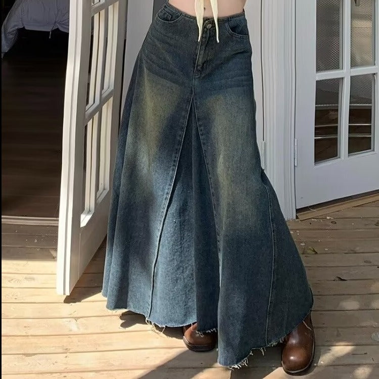 Women's Retro Blue High Waist Slit Denim Skirt