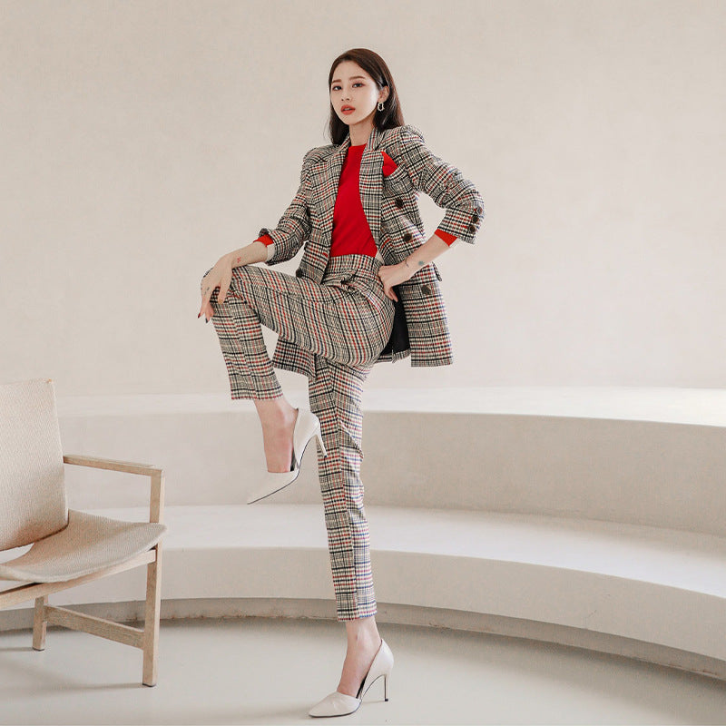 Women's Double-breasted Mixed Color Plaid Suit